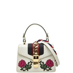 Gucci Sylvie Rose Applique Mini Leather Handbag White